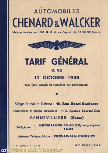 CHENARD & WALCKER : Tarif général AIGLE 22 / AIGLE-HUIT